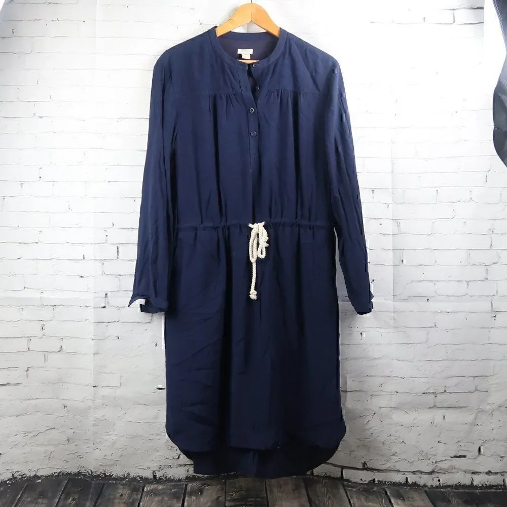 J. CREW BLUE LONG SLEEVE 1/2 BUTTON DOWN TIE WAIST MIDI DRESS SIZE MEDIUM
